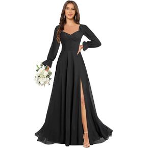 فساتين وصيفة العروس الخريفية بأكمام طويلة من PAVERJER للنساء من الشيفون فستان ماكسي رسمي مع فتحة مكشكشة لضيوف الزفاف in Kuwait