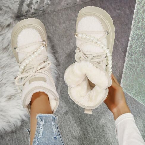 ZQW Women's Winter Snow Boots Cute Pearl Warm Furry Fuzzy Lace Up Ankle Booties Chunky Platform Shoes Outdoor Walking Boots in Saudi Arabia
