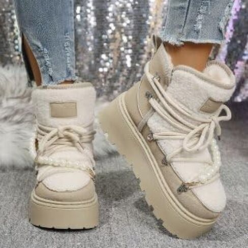 ZQW Women's Winter Snow Boots Cute Pearl Warm Furry Fuzzy Lace Up Ankle Booties Chunky Platform Shoes Outdoor Walking Boots in Saudi Arabia