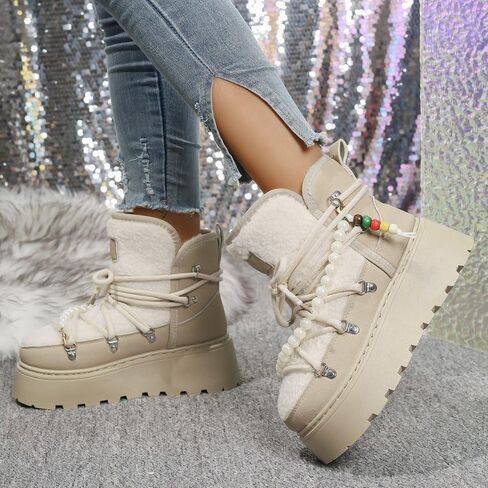 ZQW Women's Winter Snow Boots Cute Pearl Warm Furry Fuzzy Lace Up Ankle Booties Chunky Platform Shoes Outdoor Walking Boots in Saudi Arabia