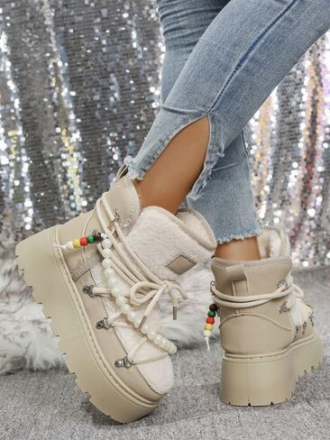 ZQW Women's Winter Snow Boots Cute Pearl Warm Furry Fuzzy Lace Up Ankle Booties Chunky Platform Shoes Outdoor Walking Boots in Saudi Arabia