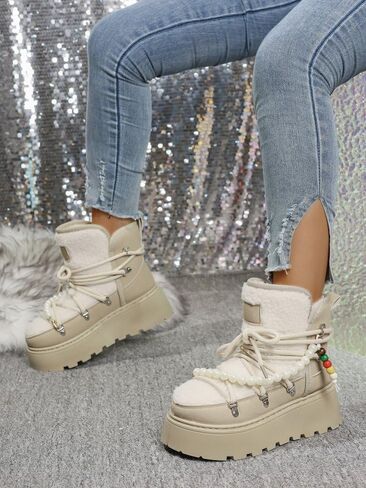 ZQW Women's Winter Snow Boots Cute Pearl Warm Furry Fuzzy Lace Up Ankle Booties Chunky Platform Shoes Outdoor Walking Boots in Saudi Arabia