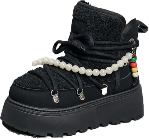 ZQW Women's Winter Snow Boots Cute Pearl Warm Furry Fuzzy Lace Up Ankle Booties Chunky Platform Shoes Outdoor Walking Boots in Saudi Arabia