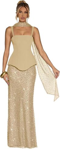 Sparkly Sequin Mermaid Prom Dresses with Scarf Spaghetti Straps Satin Formal Evening Dress for Women in Saudi Arabia