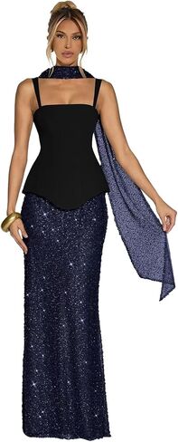 Sparkly Sequin Mermaid Prom Dresses with Scarf Spaghetti Straps Satin Formal Evening Dress for Women in Saudi Arabia