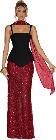 Sparkly Sequin Mermaid Prom Dresses with Scarf Spaghetti Straps Satin Formal Evening Dress for Women in Saudi Arabia