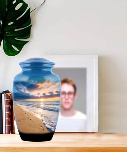 Generic Footprints Urn,Footprints Cremation Urn, Footprints in The Sand,Footprints Cremation Urn for Ashes, Hand Painted Adult Beach Urn, Handmade Beach Cremation Urn with Velvet Bag, Blue in Saudi Arabia