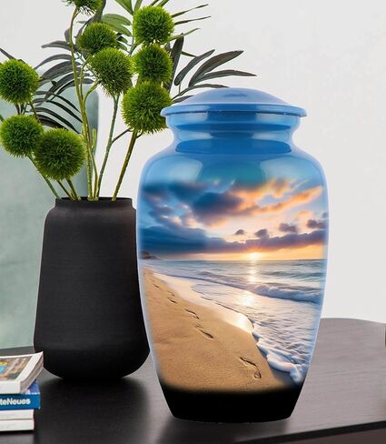 Generic Footprints Urn,Footprints Cremation Urn, Footprints in The Sand,Footprints Cremation Urn for Ashes, Hand Painted Adult Beach Urn, Handmade Beach Cremation Urn with Velvet Bag, Blue in Saudi Arabia