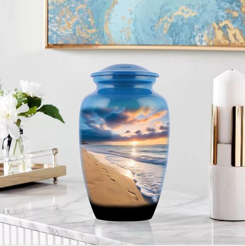 Generic Footprints Urn,Footprints Cremation Urn, Footprints in The Sand,Footprints Cremation Urn for Ashes, Hand Painted Adult Beach Urn, Handmade Beach Cremation Urn with Velvet Bag, Blue in Saudi Arabia