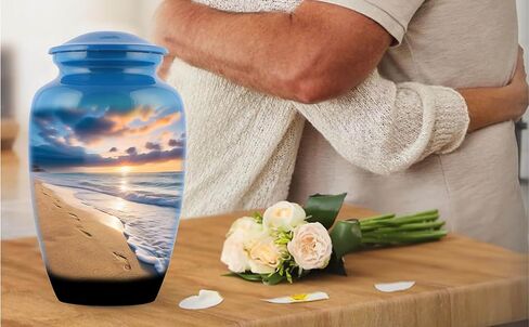 Generic Footprints Urn,Footprints Cremation Urn, Footprints in The Sand,Footprints Cremation Urn for Ashes, Hand Painted Adult Beach Urn, Handmade Beach Cremation Urn with Velvet Bag, Blue in Saudi Arabia