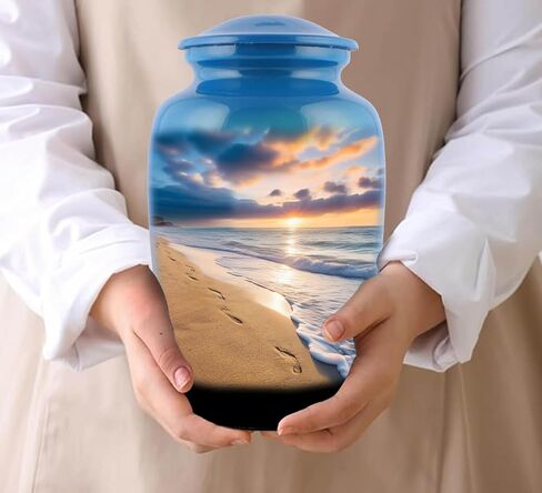 Generic Footprints Urn,Footprints Cremation Urn, Footprints in The Sand,Footprints Cremation Urn for Ashes, Hand Painted Adult Beach Urn, Handmade Beach Cremation Urn with Velvet Bag, Blue in Saudi Arabia