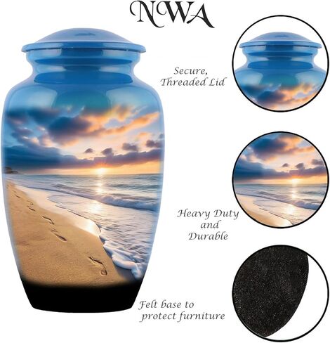 Generic Footprints Urn,Footprints Cremation Urn, Footprints in The Sand,Footprints Cremation Urn for Ashes, Hand Painted Adult Beach Urn, Handmade Beach Cremation Urn with Velvet Bag, Blue in Saudi Arabia