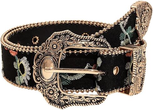 Verdusa Women's Floral Embroidery Square Buckle Leather Belts Vintage Belt in Saudi Arabia