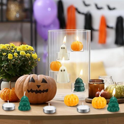 حامل شموع Halloween Glass Hurricane مع 8 أجهزة كمبيوتر شموع شموع و 5 شاي ضوء شمعة شمعة شمعة شمعة للزخارف مركب الهالوين مركزية in Kuwait