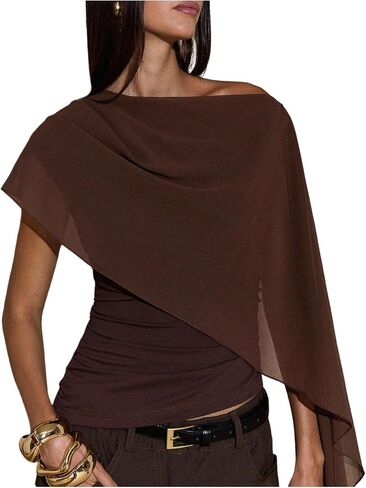 BEAUDRM Women's Ruched Cape One Shoulder T Shirts Short Sleeve Asymmetrical Neck Fitted Crop Top in Saudi Arabia
