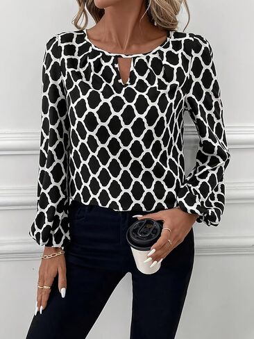 Women's Dressy Hollow Jacquard Blouses Business Casual Long Sleeve Tops Elegant Ladies Keyhole Office Shirts in Saudi Arabia