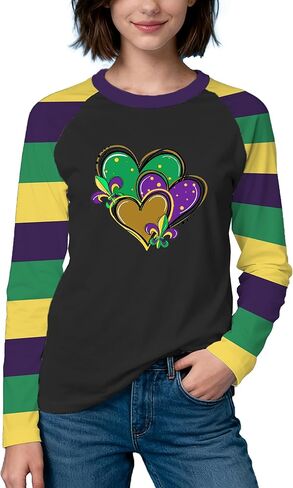 Oxryal Mardi Gras Shirts for Women Fat Tuesday T-Shirt Carnival Tee Heart Long Sleeve Tops in Saudi Arabia