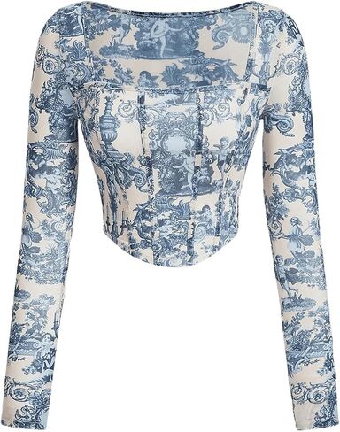 MakeMeChic Women's Long Sleeve Corset Top Graphic Square Neck Fall Retro Vintage Crop Tops in Saudi Arabia