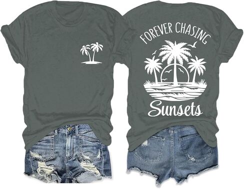 Migxsaf Forever Chasing Sunsets Tshirt Hawaiian Beach Shirts for Women Palm Tree Tropical Shirt Graphic Tees Summer Tops in Saudi Arabia