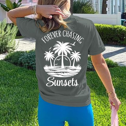 Migxsaf Forever Chasing Sunsets Tshirt Hawaiian Beach Shirts for Women Palm Tree Tropical Shirt Graphic Tees Summer Tops in Saudi Arabia