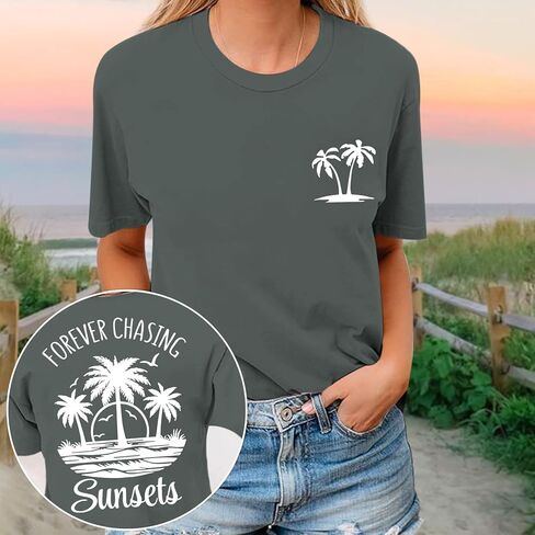 Migxsaf Forever Chasing Sunsets Tshirt Hawaiian Beach Shirts for Women Palm Tree Tropical Shirt Graphic Tees Summer Tops in Saudi Arabia