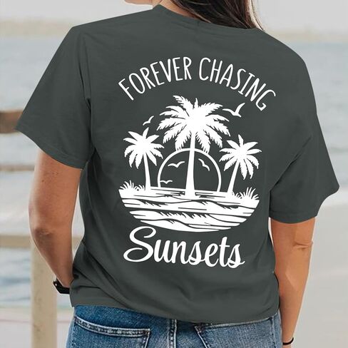 Migxsaf Forever Chasing Sunsets Tshirt Hawaiian Beach Shirts for Women Palm Tree Tropical Shirt Graphic Tees Summer Tops in Saudi Arabia