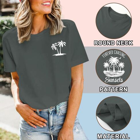 Migxsaf Forever Chasing Sunsets Tshirt Hawaiian Beach Shirts for Women Palm Tree Tropical Shirt Graphic Tees Summer Tops in Saudi Arabia
