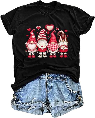 Valentine's Shirt for Womens Cute Gnomes Love Heart Printed Tees Short Sleeve Graphic Tops in Saudi Arabia