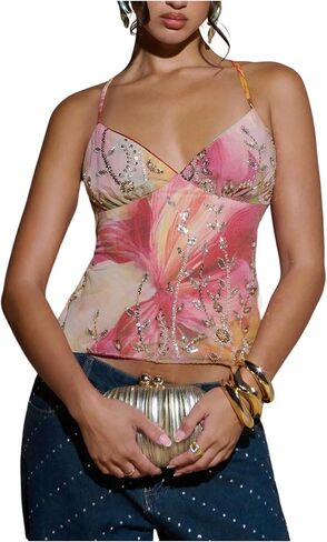 MakeMeChic Women's Sequin Sparkly Halter Crop Tops Floral Backless Summer Party Tank Y2K in Saudi Arabia