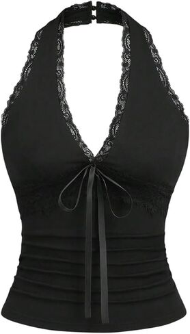 Floerns Women's Lace Trim Deep V Neck Halter Top Y2k Ruched Bowknot Sleeveless Going Out Tank Tops in Saudi Arabia