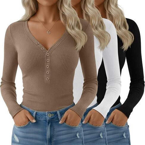 Velvelhall 3 Pack Women's Long Sleeve Henley Shirts Cotton Ribbed V Neck Tops Casual Tees Fall Basic Blouses in Saudi Arabia