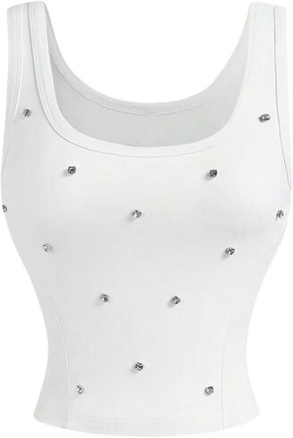 MakeMeChic Women's Rhinestone Square Neck Tank Sparkly Sleeveless Fitted Y2k Crop Tops in Saudi Arabia