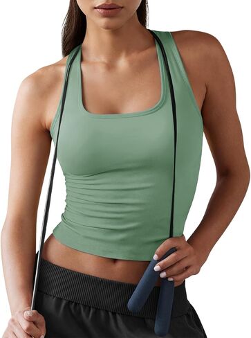Fisoew Womens Square Neck Sleeveless Tank Top Built-in Bra Racerback Tank Fitted Y2K Basic Workout Crop Tops in Saudi Arabia