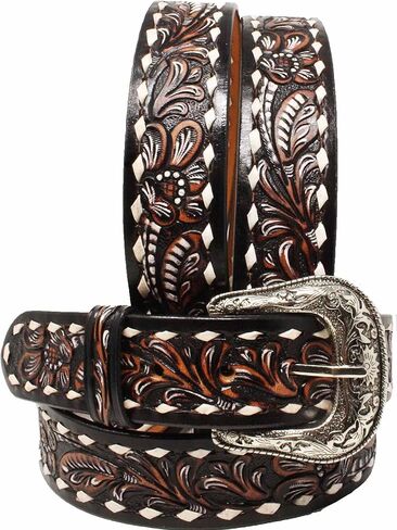 Tan Leather Floral Tooled Casual Jean Belt by Challenger in Saudi Arabia
