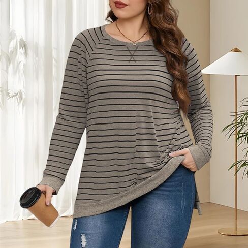 Womens Plus Size Sweatshirts Trendy Striped Color Block Tops Casual Raglan Shirts Side Split Hem Tunics in Saudi Arabia