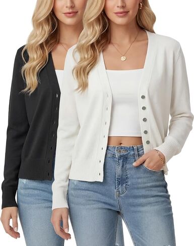 Simlakey 2 pcs Women's Cropped Cardigan Shrug Fall Long Sleeve V Neck Lightweight Knit for Jeans Dresses, S to L in Saudi Arabia
