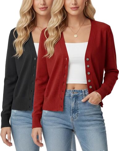 Simlakey 2 pcs Women's Cropped Cardigan Shrug Fall Long Sleeve V Neck Lightweight Knit for Jeans Dresses, S to L in Saudi Arabia
