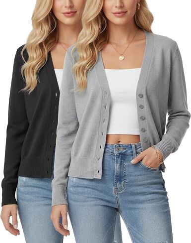 Simlakey 2 pcs Women's Cropped Cardigan Shrug Fall Long Sleeve V Neck Lightweight Knit for Jeans Dresses, S to L in Saudi Arabia