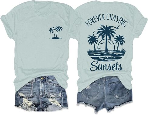 Migxsaf Forever Chasing Sunsets Tshirt Hawaiian Beach Shirts for Women Palm Tree Tropical Shirt Graphic Tees Summer Tops in Saudi Arabia