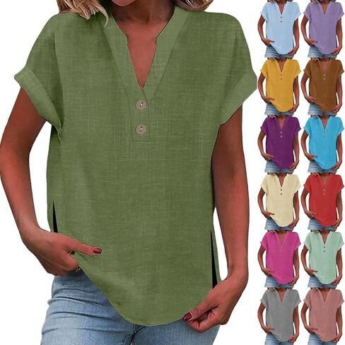 Linen Shirts for Women Loose Fit Side Slit Summer Short Sleeve Tops Casual Button Henley Vneck Tshirts Shirts in Saudi Arabia