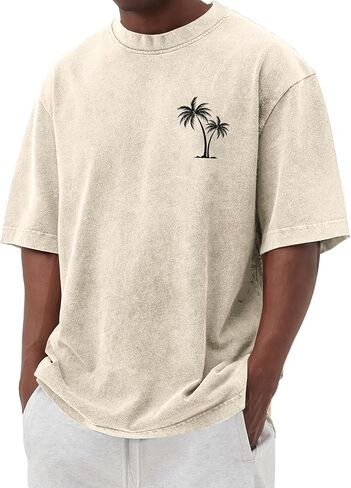 قمصان رجالية بأكمام قصيرة تي شيرت قطني عتيق كبير الحجم مغسول برسومات شجرة النخيل، قمصان صيفية غير رسمية in Kuwait