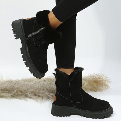 Women's Leopard Winter Snow Boots Suede Faux Leather Short Winter Shoes Side Zipper Non-Slip Warm Plush Round Toe Furry in Saudi Arabia