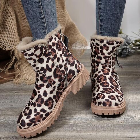 Women's Leopard Winter Snow Boots Suede Faux Leather Short Winter Shoes Side Zipper Non-Slip Warm Plush Round Toe Furry in Saudi Arabia