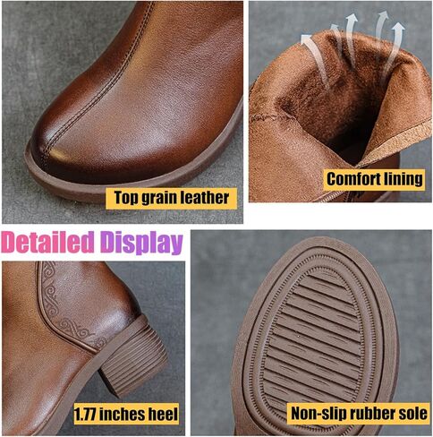 GLBDU Women's Genuine Leather Chunky Block Heel Mid Calf Boots Retro Pattern Round Toe Side Zipper Soft Sole Casual Boots Simplicity Comfortable Mid Knee Boots in Saudi Arabia
