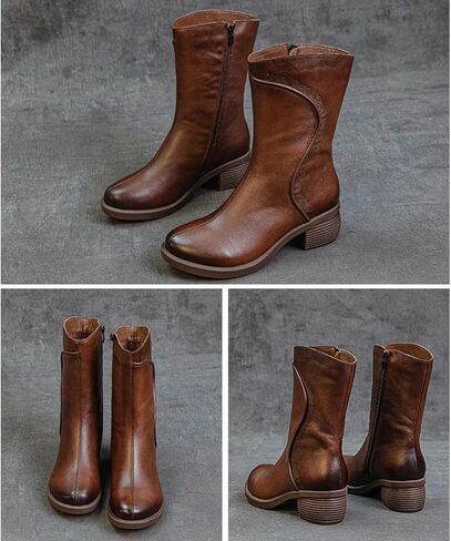 GLBDU Women's Genuine Leather Chunky Block Heel Mid Calf Boots Retro Pattern Round Toe Side Zipper Soft Sole Casual Boots Simplicity Comfortable Mid Knee Boots in Saudi Arabia