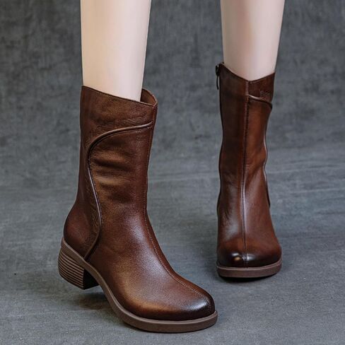 GLBDU Women's Genuine Leather Chunky Block Heel Mid Calf Boots Retro Pattern Round Toe Side Zipper Soft Sole Casual Boots Simplicity Comfortable Mid Knee Boots in Saudi Arabia
