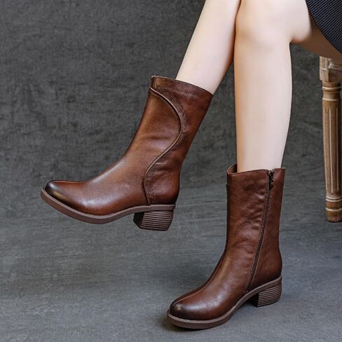 GLBDU Women's Genuine Leather Chunky Block Heel Mid Calf Boots Retro Pattern Round Toe Side Zipper Soft Sole Casual Boots Simplicity Comfortable Mid Knee Boots in Saudi Arabia