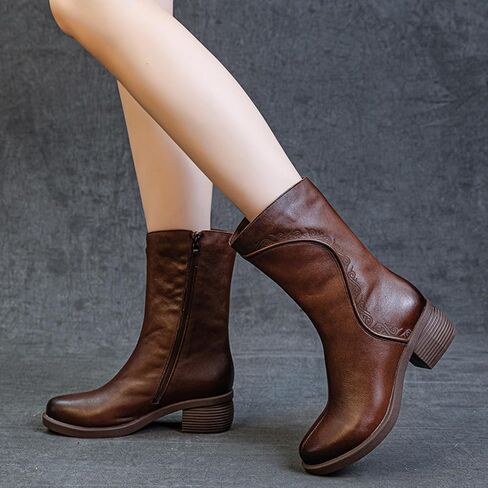 GLBDU Women's Genuine Leather Chunky Block Heel Mid Calf Boots Retro Pattern Round Toe Side Zipper Soft Sole Casual Boots Simplicity Comfortable Mid Knee Boots in Saudi Arabia