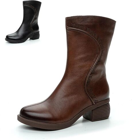 GLBDU Women's Genuine Leather Chunky Block Heel Mid Calf Boots Retro Pattern Round Toe Side Zipper Soft Sole Casual Boots Simplicity Comfortable Mid Knee Boots in Saudi Arabia
