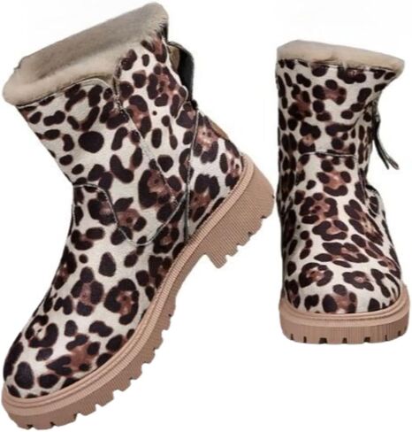 Women's Leopard Winter Snow Boots Suede Faux Leather Short Winter Shoes Side Zipper Non-Slip Warm Plush Round Toe Furry in Saudi Arabia